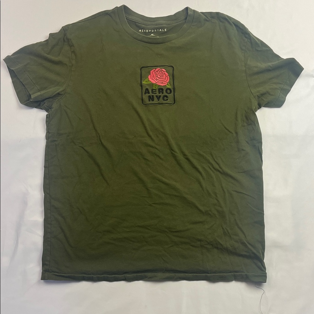Aeropostale Olive Green Tee with Pink Rose Patch